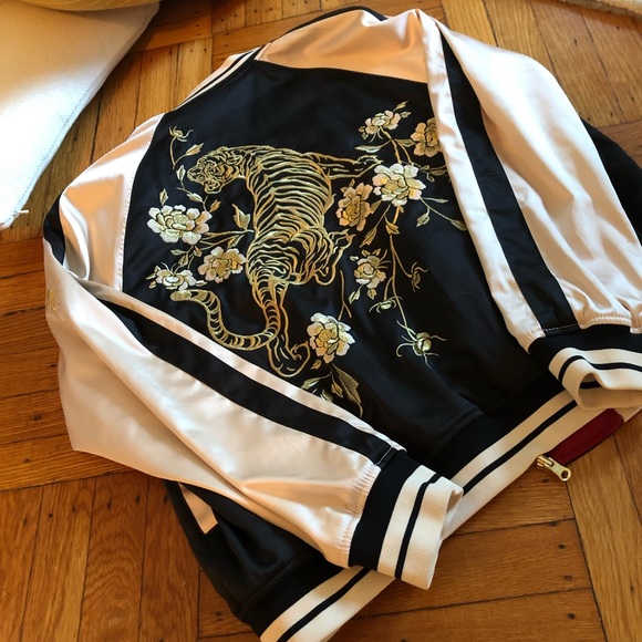 Express Jackets & Blazers - HOLD Satin Black & Pink Varsity Jacket